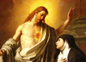 Santa Margarida Maria Alacoque contemplando o Sagrado Coração de Jesus.